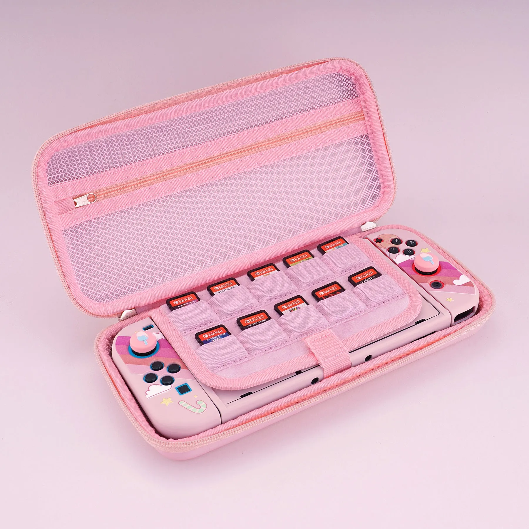 PlayVital Pink Switch Carrying Case, Switch Portable Pouch, Soft Velvet Lining Switch Storage Bag, Travel Case for NS Switch OLED with Thumb Grips Game Cards Slots & Inner Pocket - Candy Rainbow Unicorn - NTW003