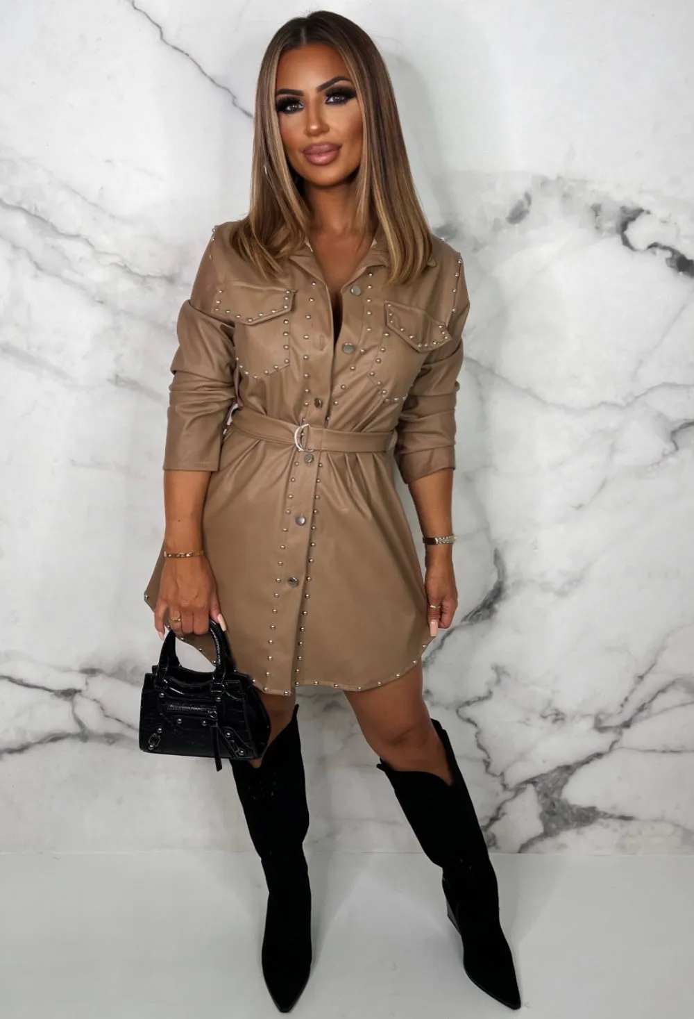 Prescilla Nude Studded Belted Faux Leather Mini Shirt Dress