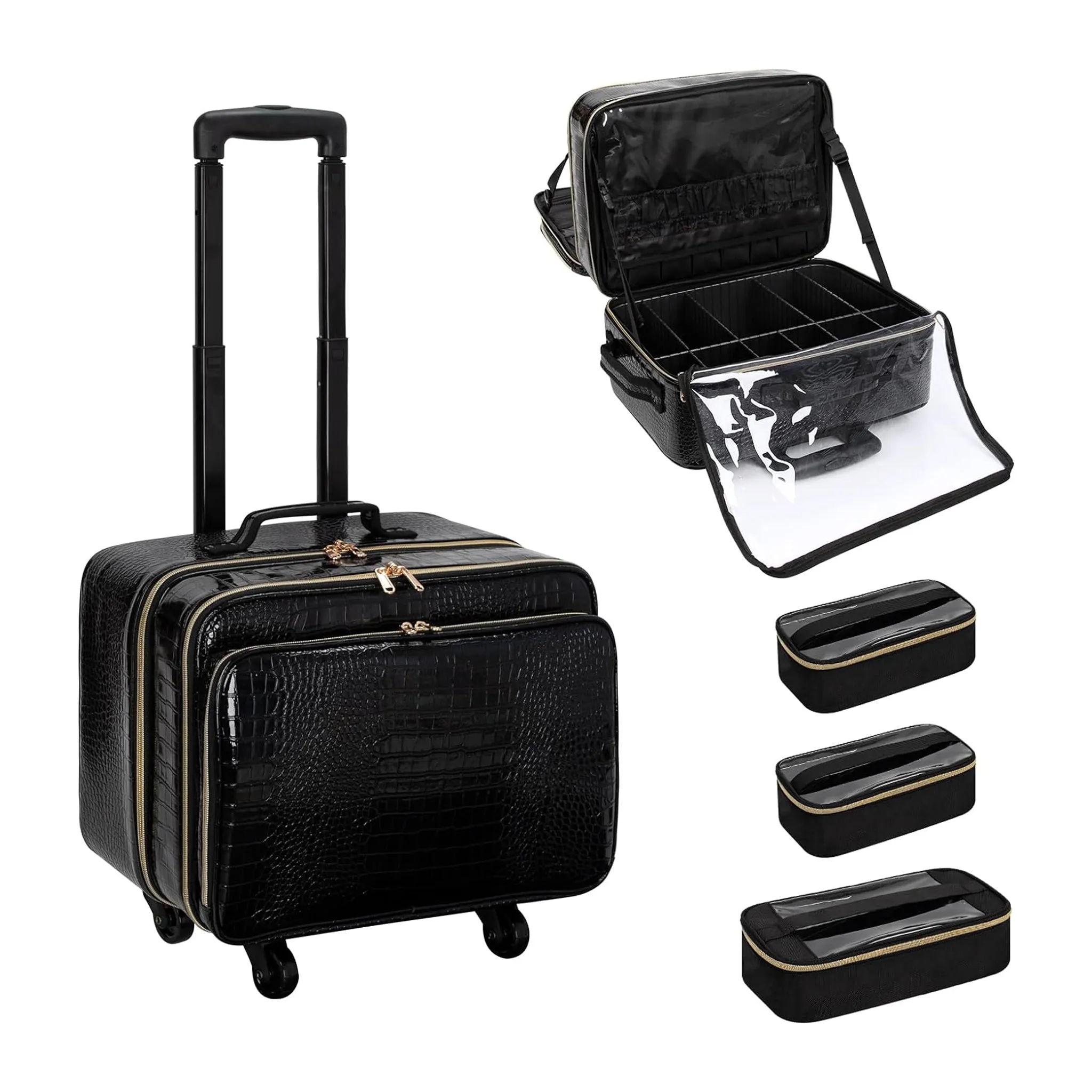 Rolling Extra Large 3 Layers Makeup Train Case with 3pcs Traveling Bags