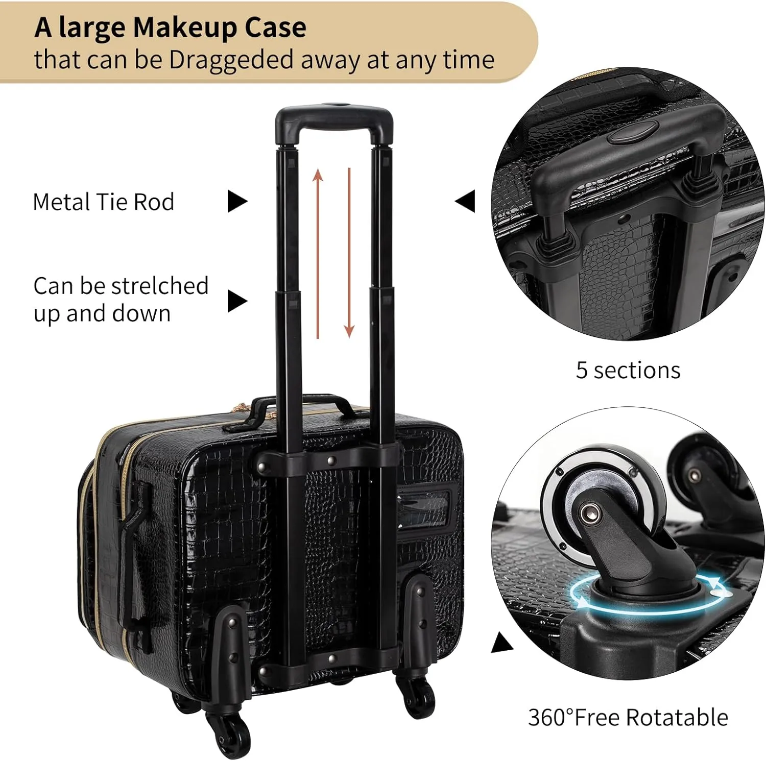 Rolling Extra Large 3 Layers Makeup Train Case with 3pcs Traveling Bags