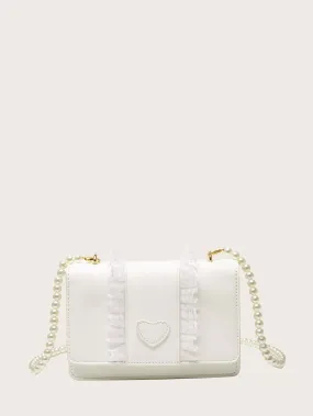 Ruffle Trim Faux Pearl Strap Shoulder Bag