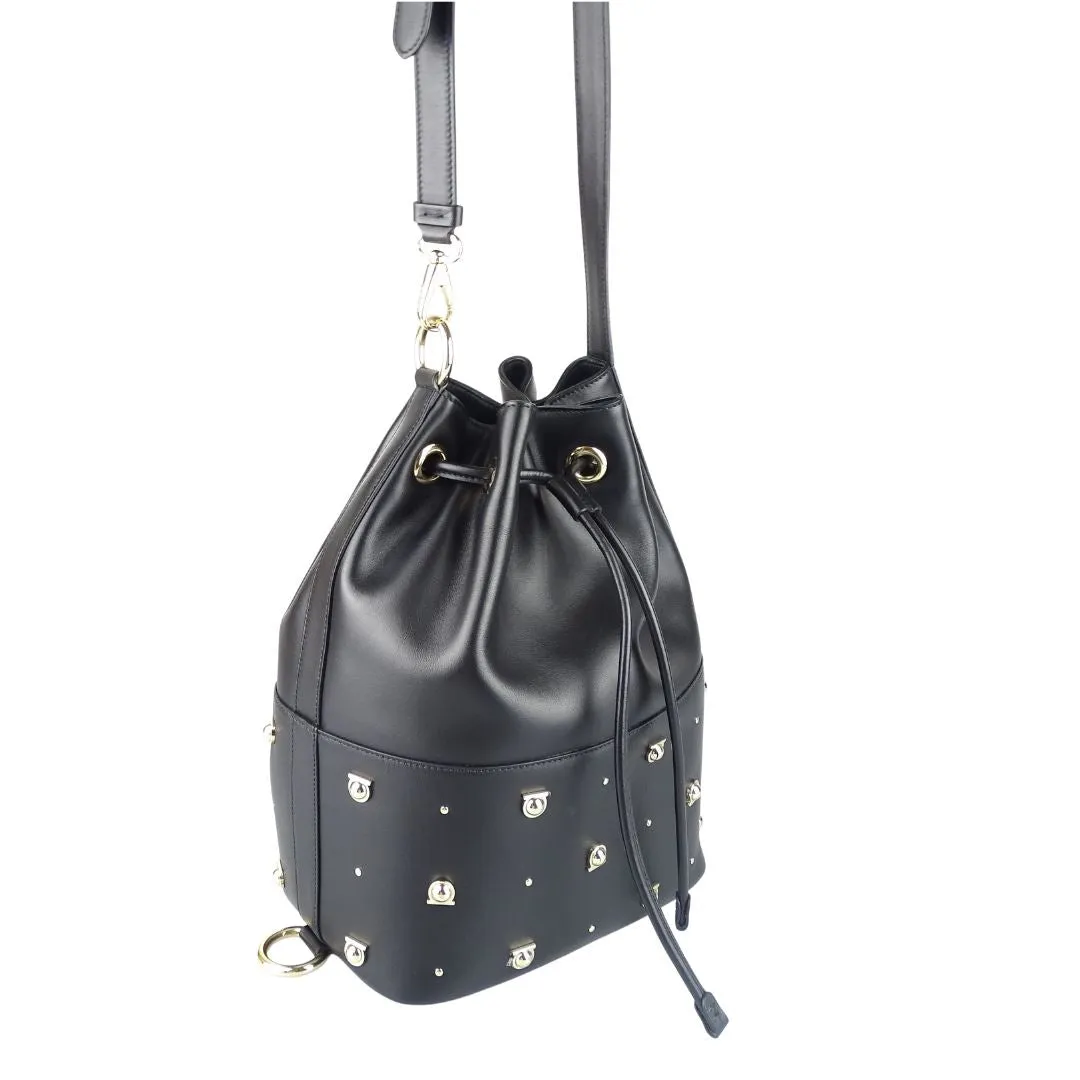 Salvator Feragamo Black Smooth Logo Studded Bucket Bag