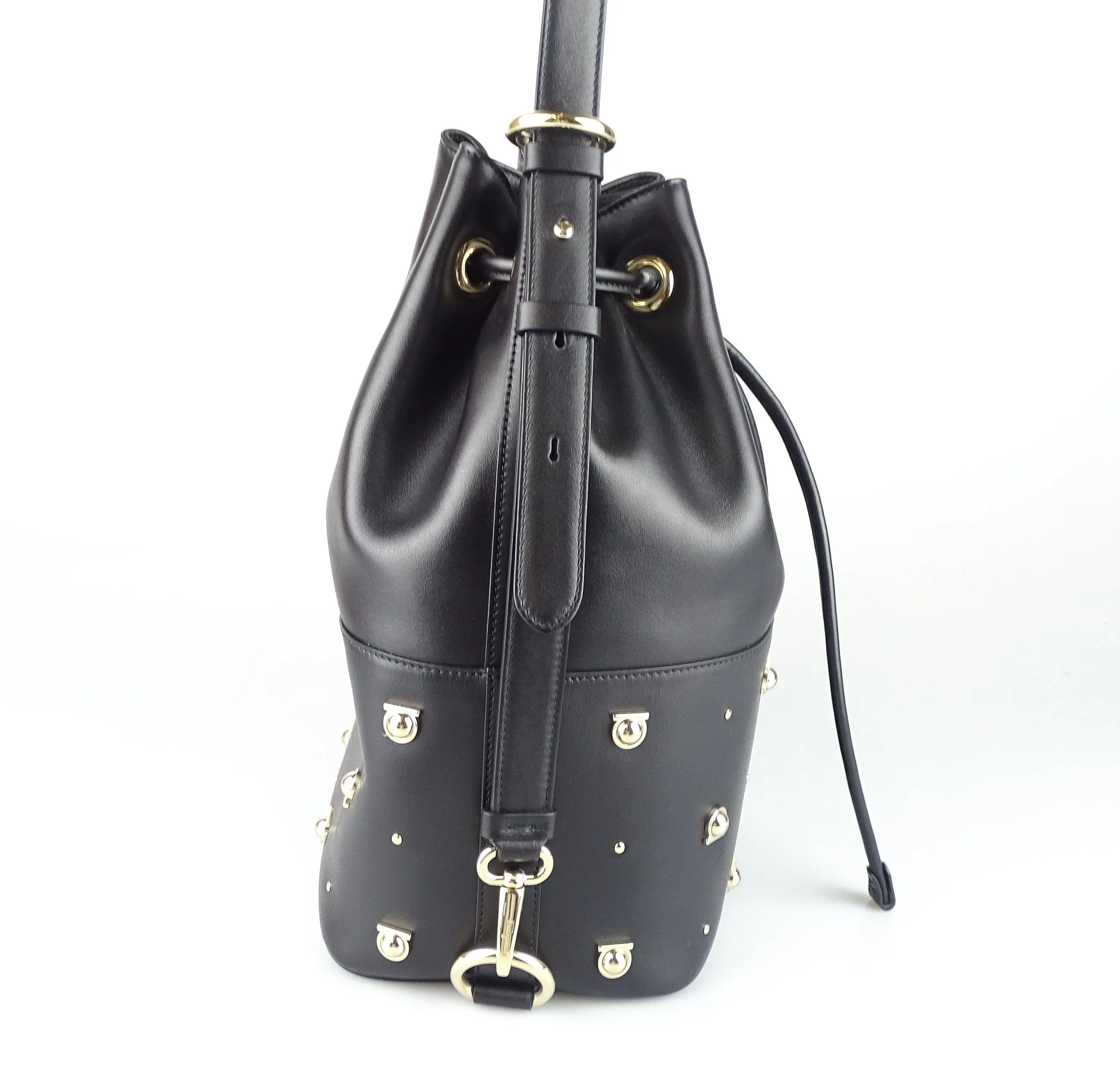 Salvator Feragamo Black Smooth Logo Studded Bucket Bag