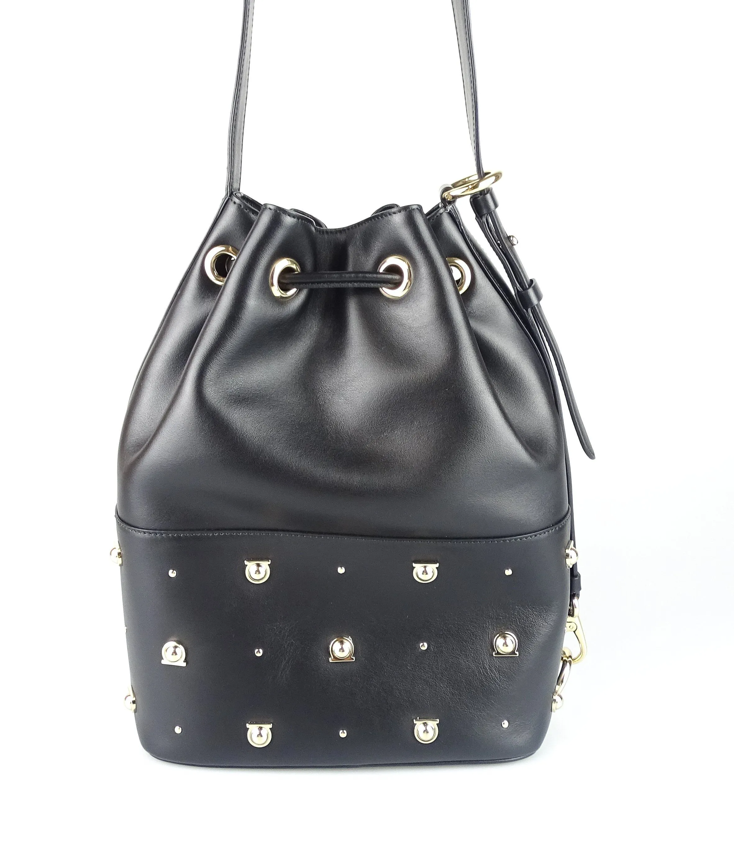 Salvator Feragamo Black Smooth Logo Studded Bucket Bag