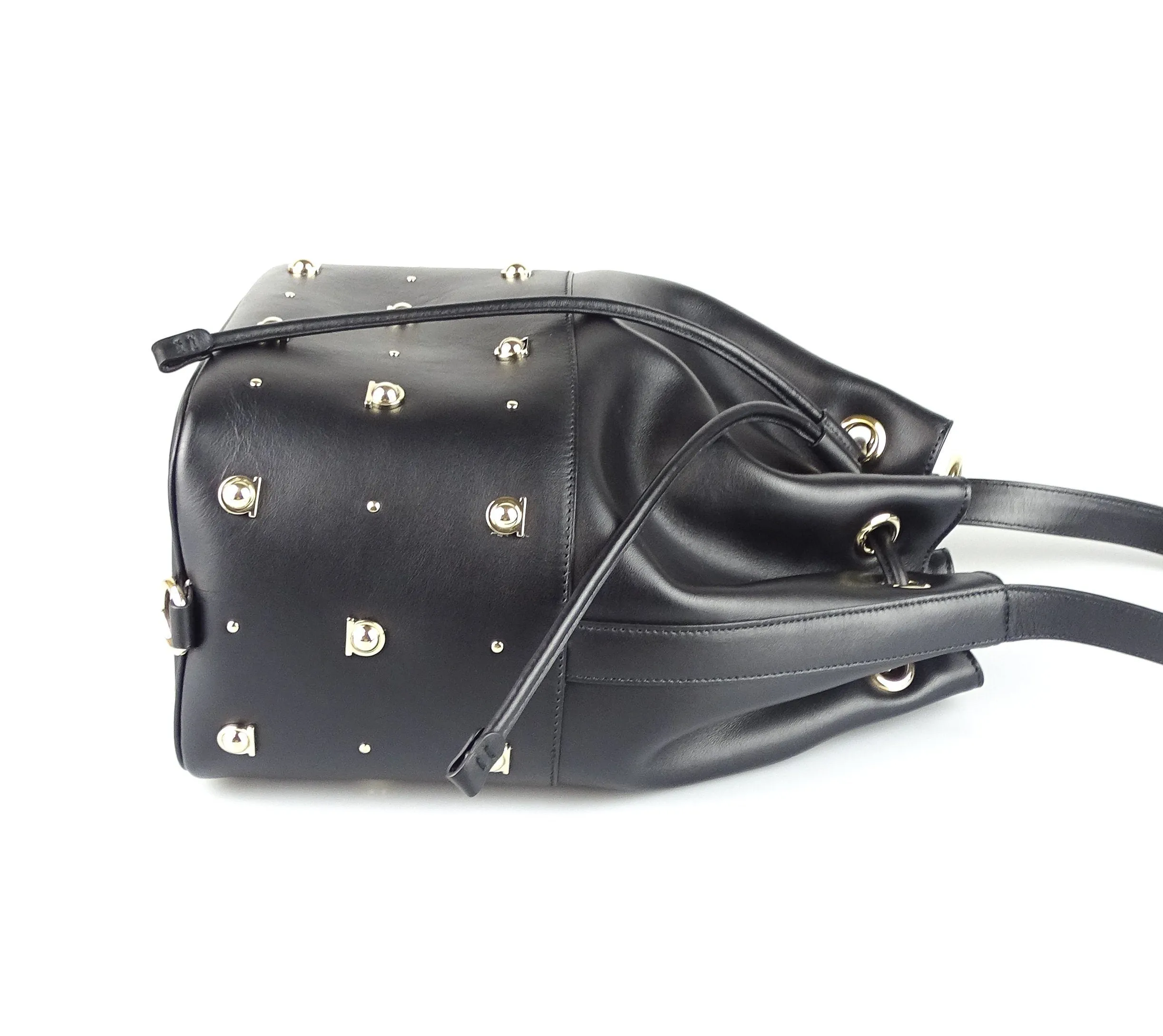 Salvator Feragamo Black Smooth Logo Studded Bucket Bag