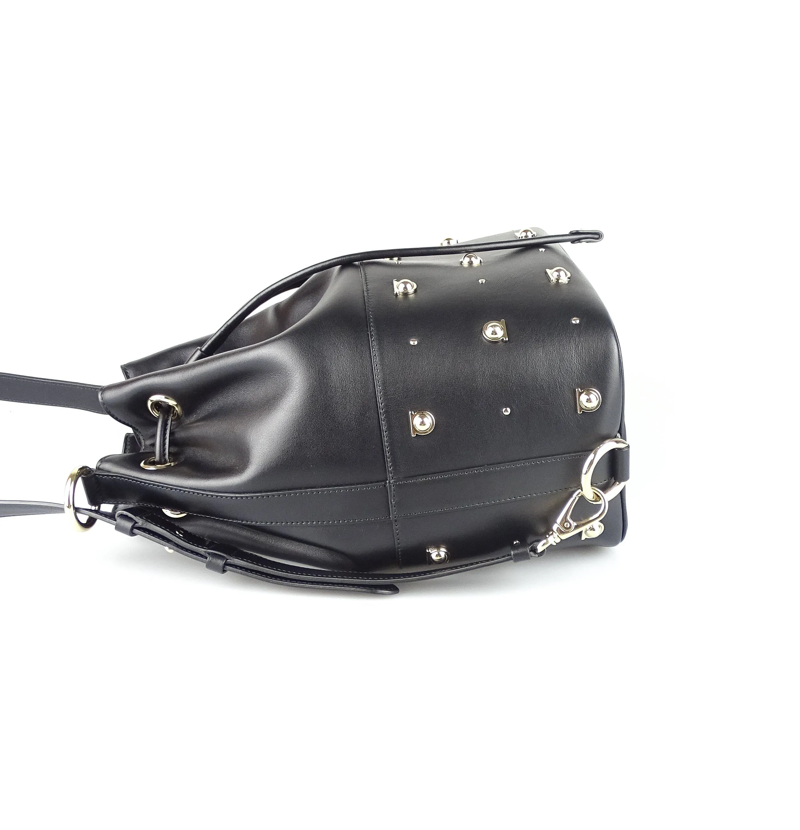 Salvator Feragamo Black Smooth Logo Studded Bucket Bag