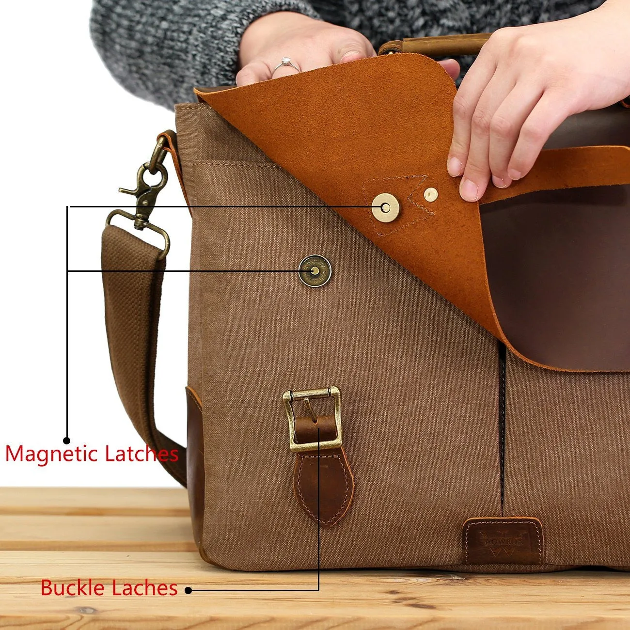 Satchel Messenger Bag for men Vintage Real Leather Canvas 15.6-inch Laptop messenger bag/ Briefcase