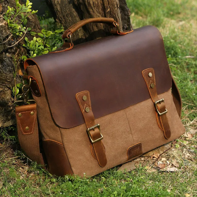 Satchel Messenger Bag for men Vintage Real Leather Canvas 15.6-inch Laptop messenger bag/ Briefcase