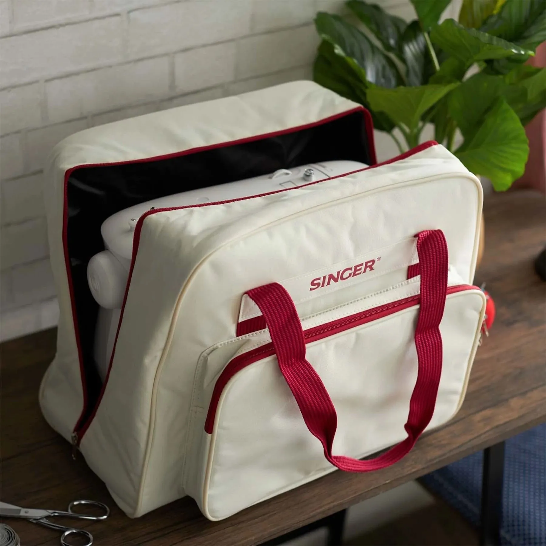 SINGER® Cream/Red Universal Tote Bag