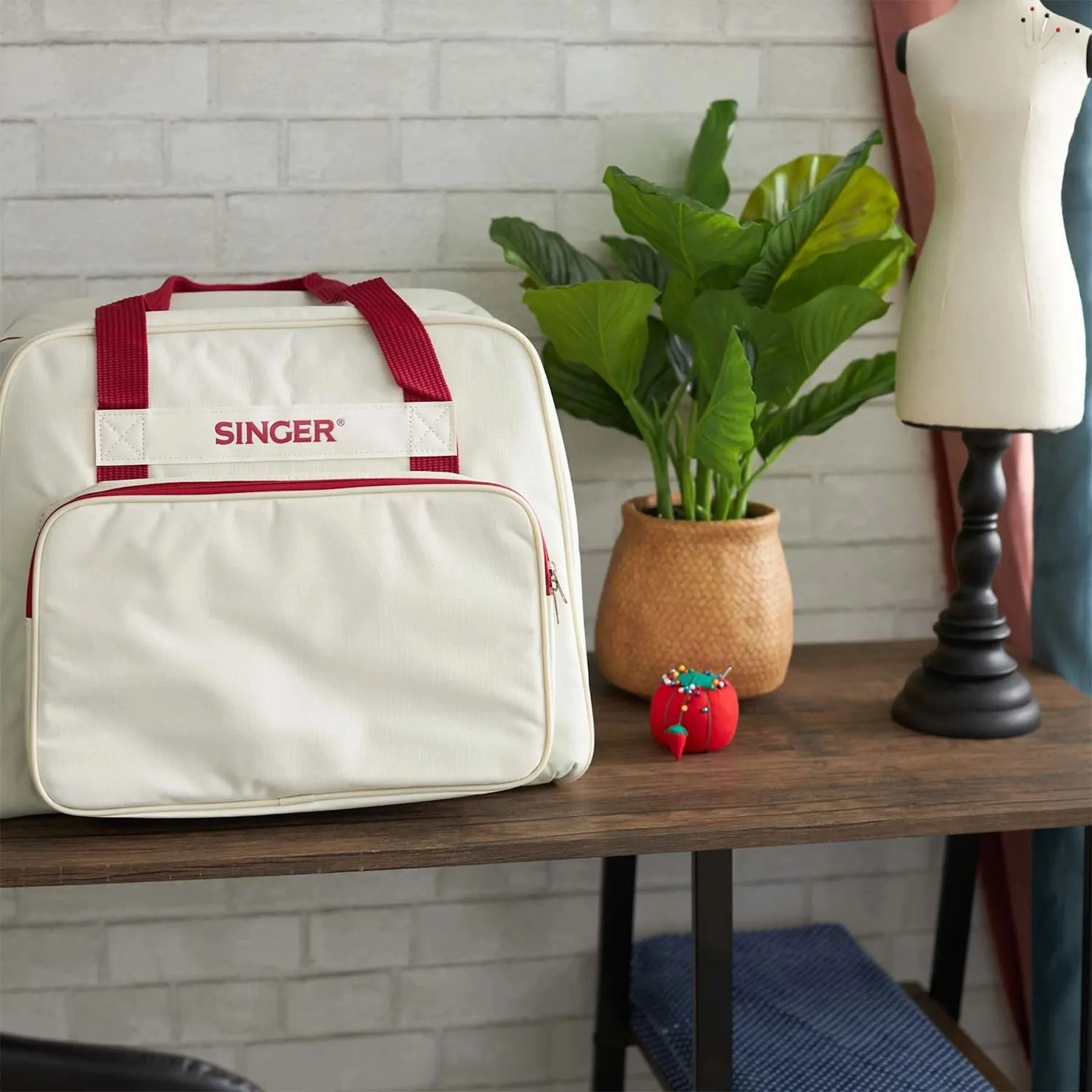 SINGER® Cream/Red Universal Tote Bag