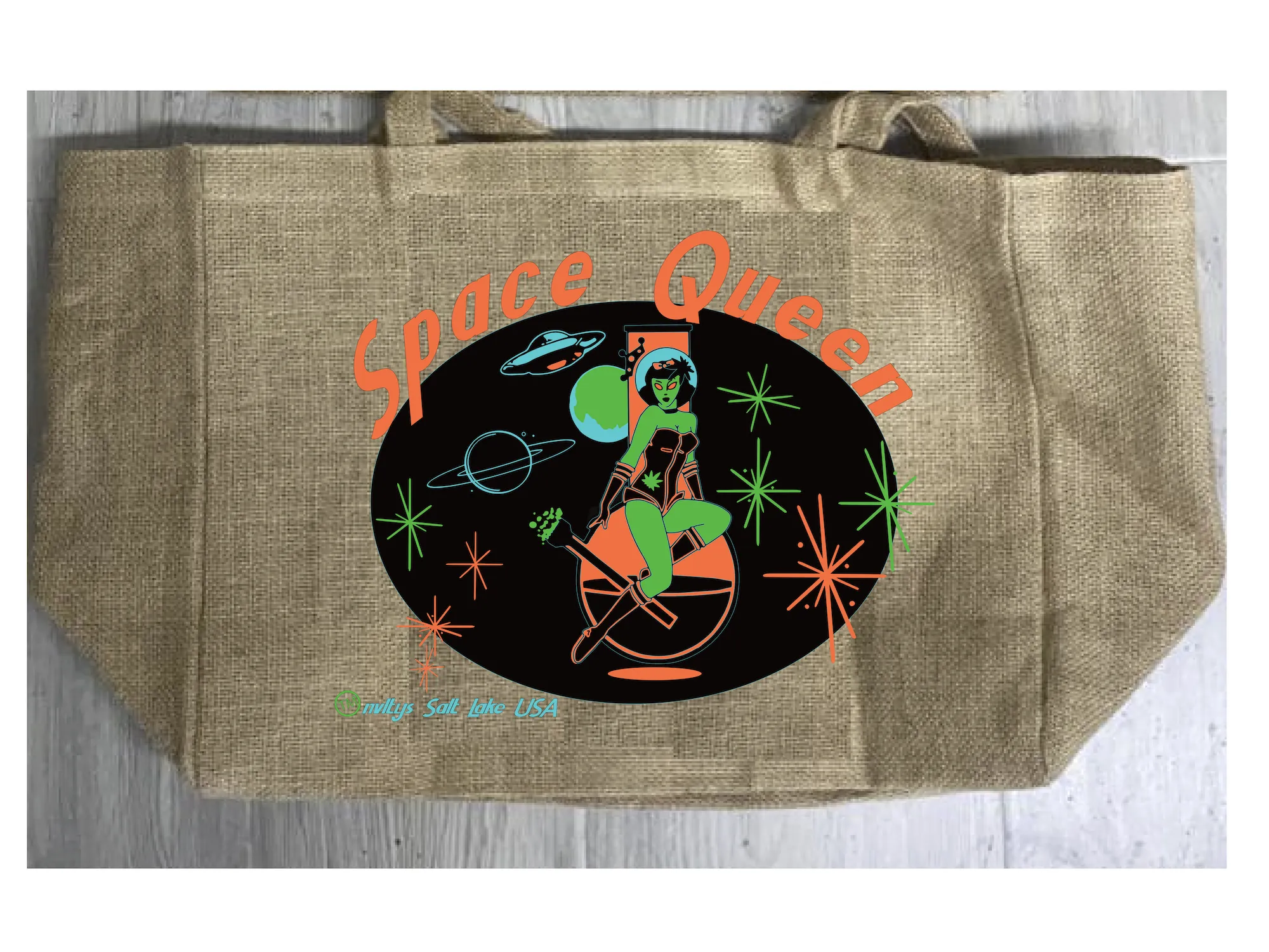 SPACE QUEEN MARIJUANA BURLAP TOTE BAG ( sold by the piece )