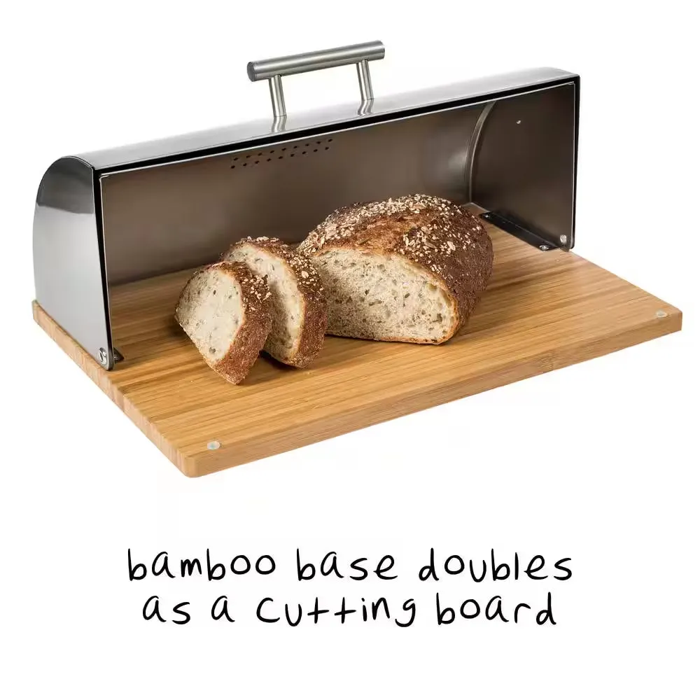 Stainless Steel Breadbox with Bamboo Board Set