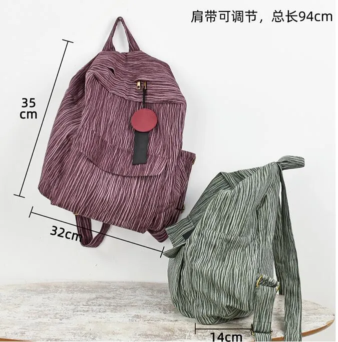 Striped Linen Casual Large Backpack Women Travel Bag Shoulder Bag