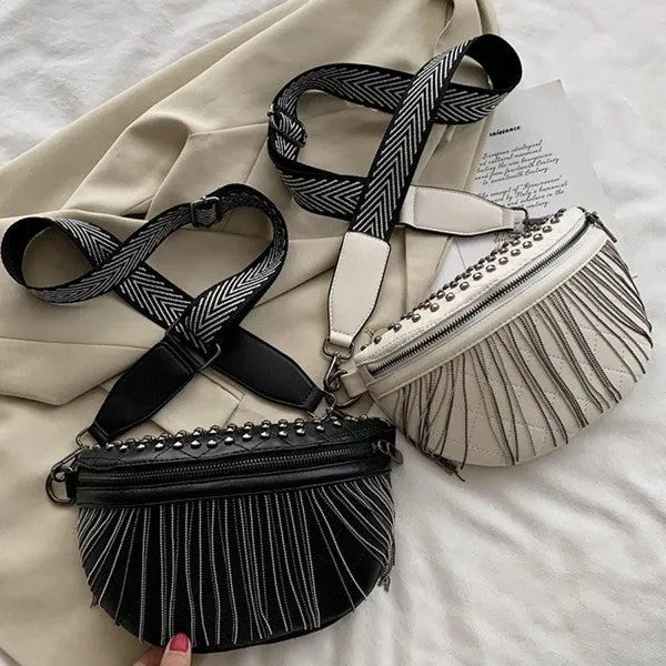 Studded Faux Leather Crossbody Sling with tassels White