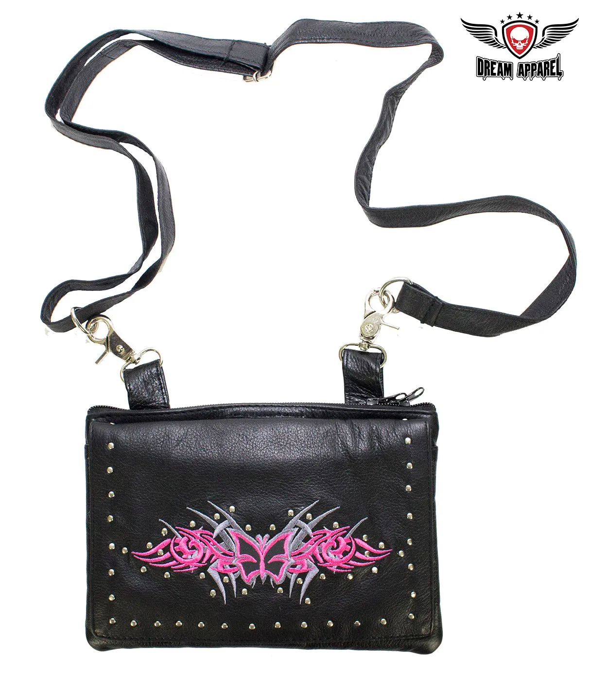 Studded Naked Cowhide Leather Gun Holster Belt Bag with Pink & Silver Butterfly