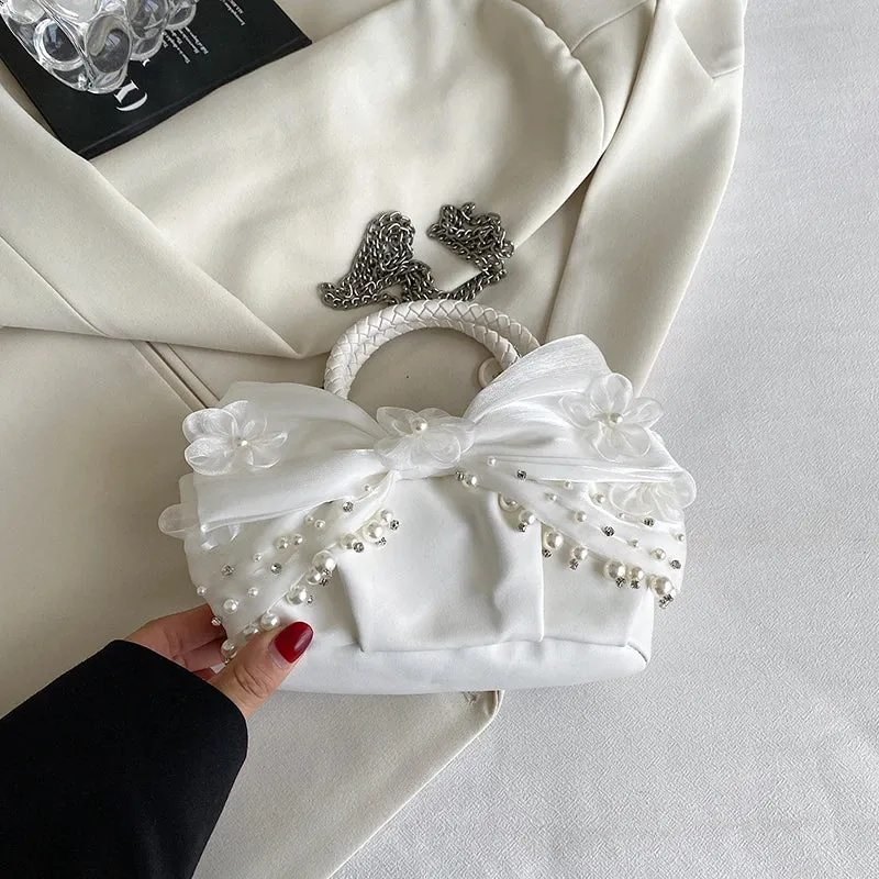 TAVIMART  -  Fashion Pleated Cloud Handbag Studded Pearl Big Bow Design Women Evening Bag Luxury Chain Shoulder Crossbody Bag Female Clutches