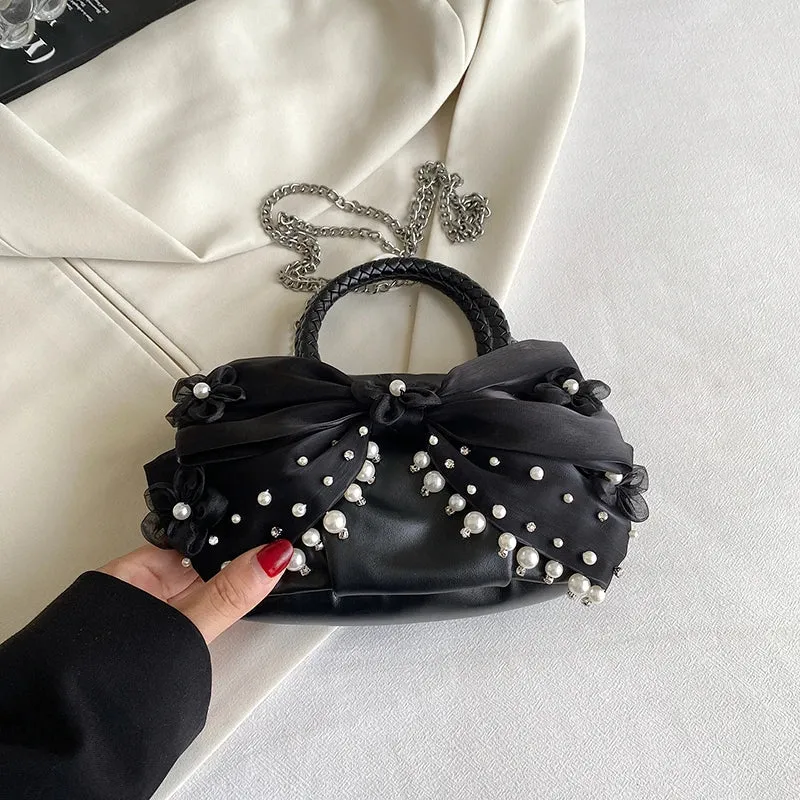 TAVIMART  -  Fashion Pleated Cloud Handbag Studded Pearl Big Bow Design Women Evening Bag Luxury Chain Shoulder Crossbody Bag Female Clutches