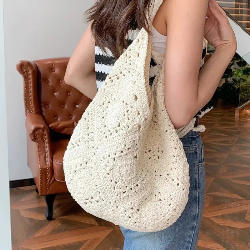 TAVIMART  -  One Shoulder Hollow Woven Beach Vacation Idle Sle Underarm Bag Handwoven Crochet Beach Bag Design Handbags Shopping Travel Purse