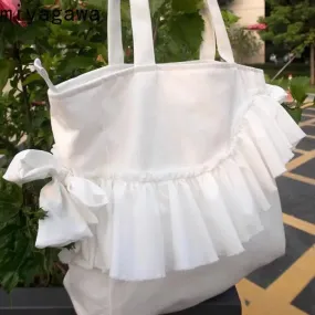 TAVIMART  -  Sweet Lady Solid Tote Bags Bow Lace Shopping Korean Style Ruffle Bow Casual Canvas Shoulder Bag