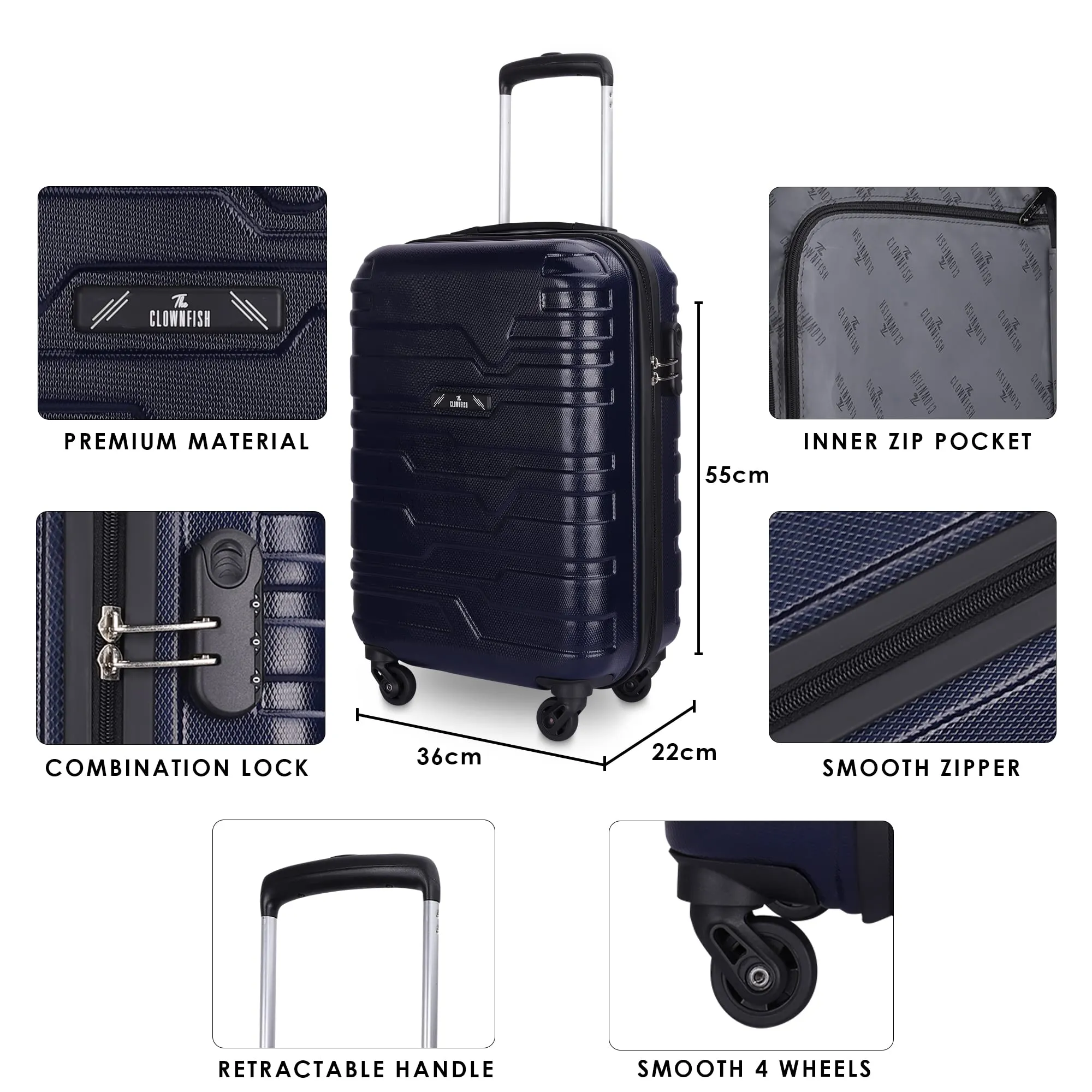 THE CLOWNFISH Arsenio Series Luggage ABS Hard Case Suitcase Four Wheel Trolley Bag - Navy Blue (55 cm, 22 inch)