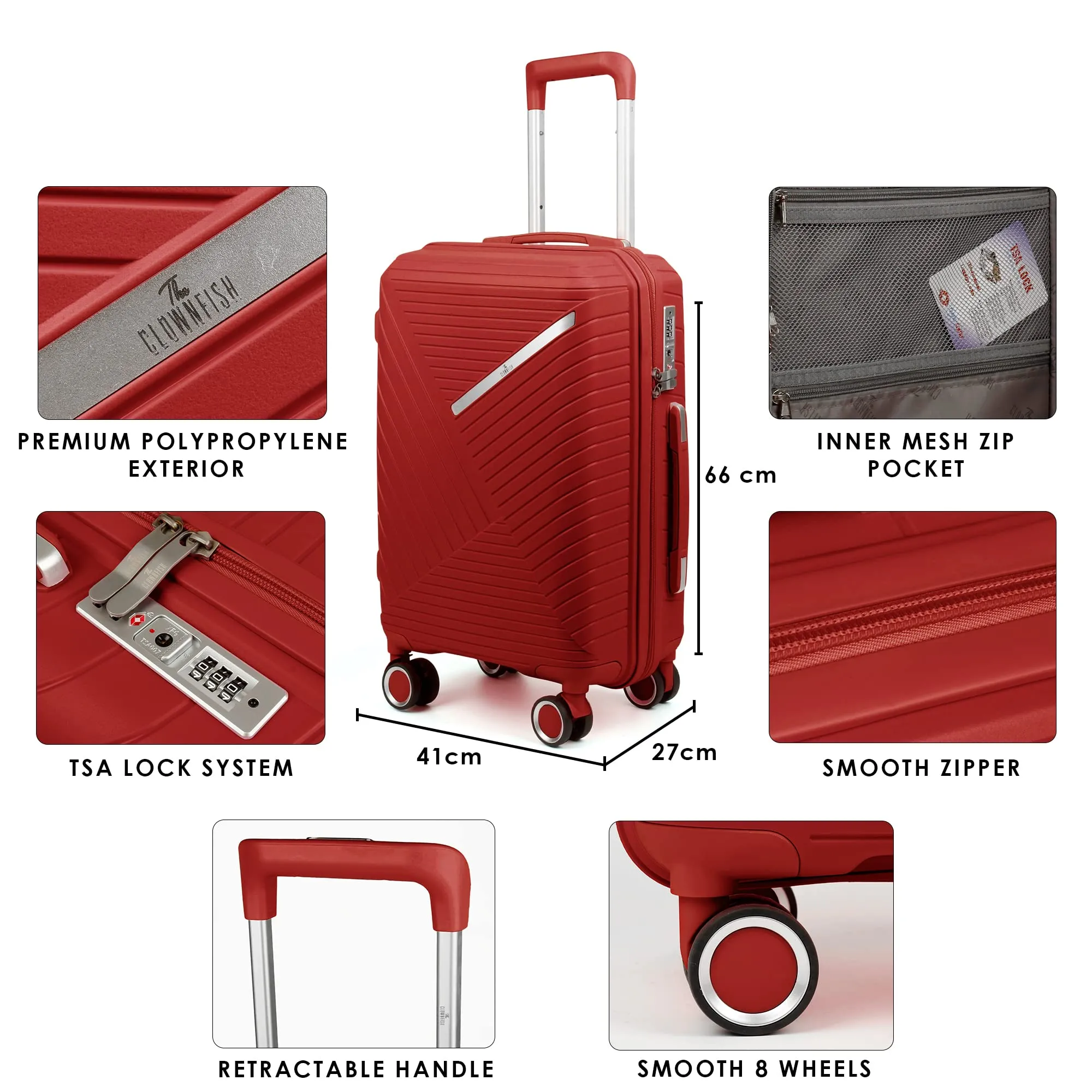 THE CLOWNFISH Denzel Series Luggage Polypropylene Hard Case Suitcase Eight Wheel Trolley Bag with TSA Lock-Red (Medium size, 66 cm-26 inch)