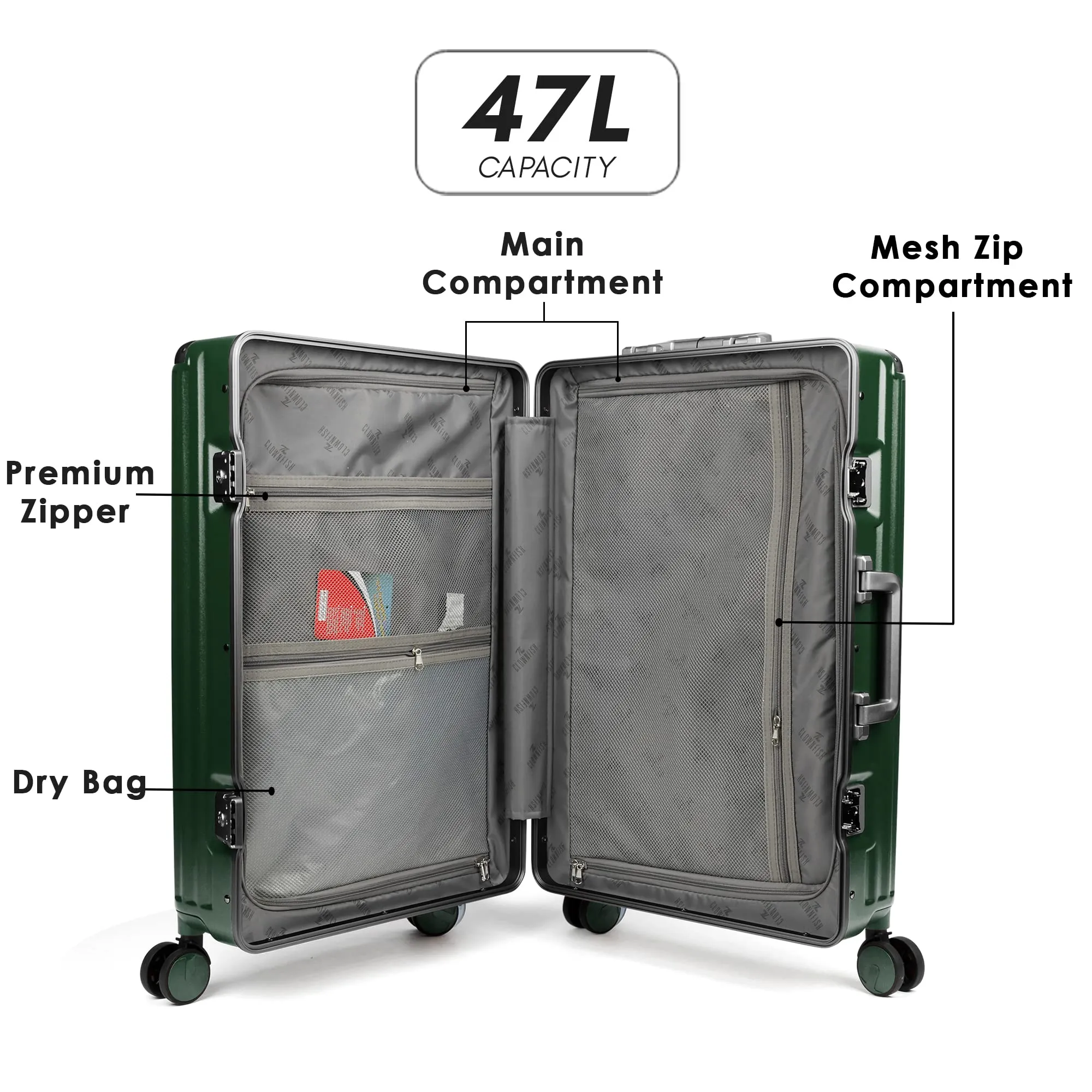 THE CLOWNFISH Stark Series Luggage PolyCarbonate Hard Case Suitcase Eight Wheel Trolley Bag with Double TSA Locks- Forest Green (Small size, 57 cm-22 inch)