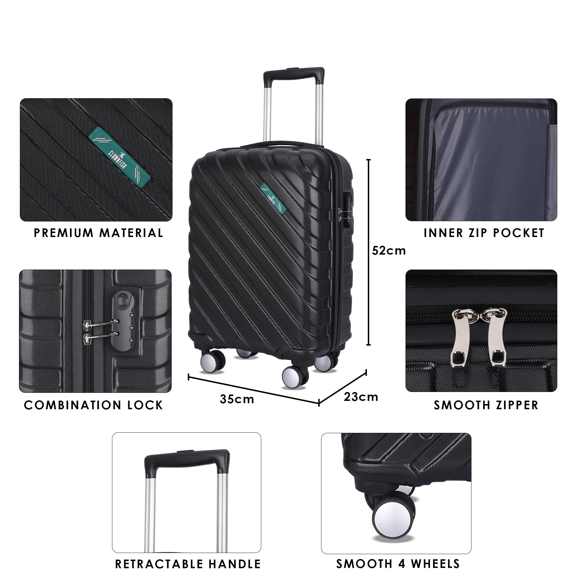 THE CLOWNFISH Wanderwheels Series Luggage ABS Hard Case Suitcase Eight Wheel Trolley Bag- Black (52 cm- 20.5 inch)