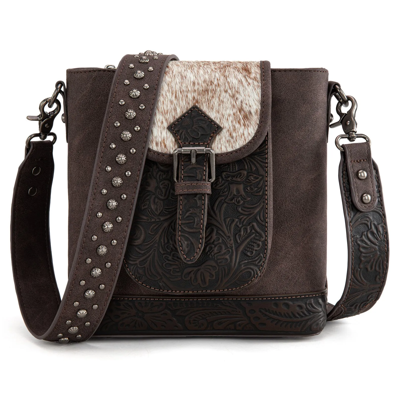 TR185G-9360  Trinity Ranch Genuine Hair-On Cowhide Tooled Concealed Carry Crossbody Bag-  Coffee