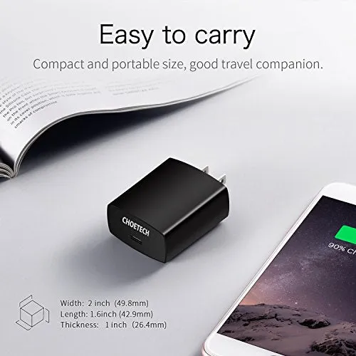 USB C Charger, CHOETECH 18W Power Delivery Type-C Wall Charger Compatible iPhone XR,XS,XS Max, X,8,8 Plus,Samsung Galaxy S9/Note 9, Google Pixel 2/Pixel,Nintendo Switch, Nexus 5x/6p Lumia 950/950XL