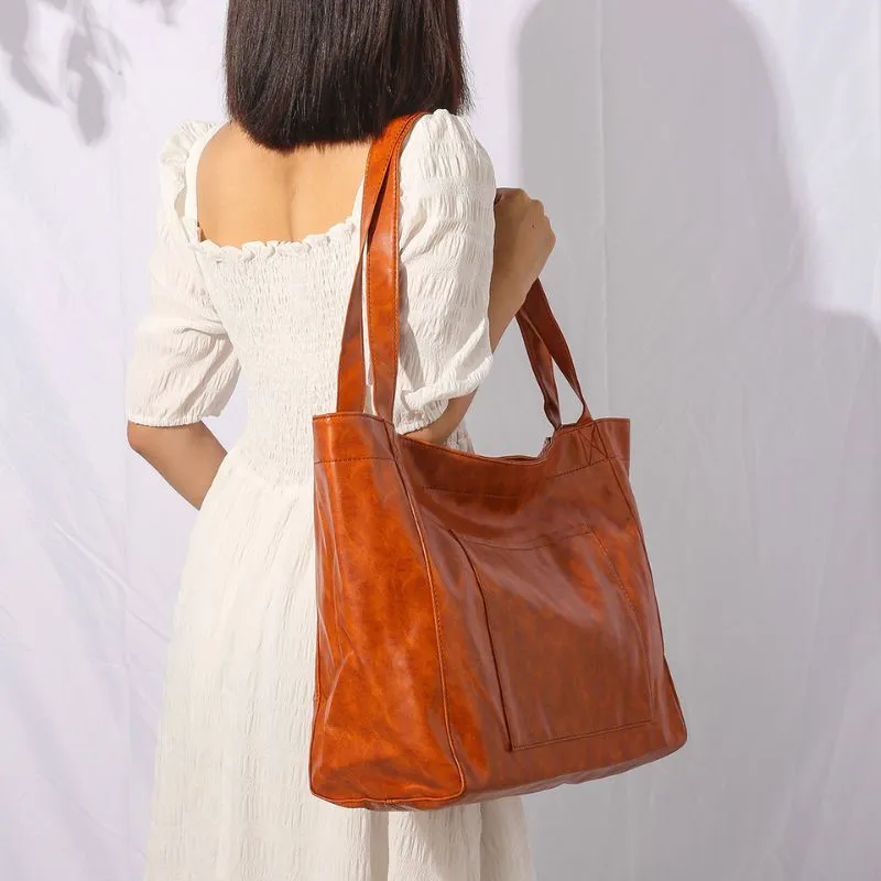 Vintage Oil Wax Leather Large Capacity Tote Bag for Women