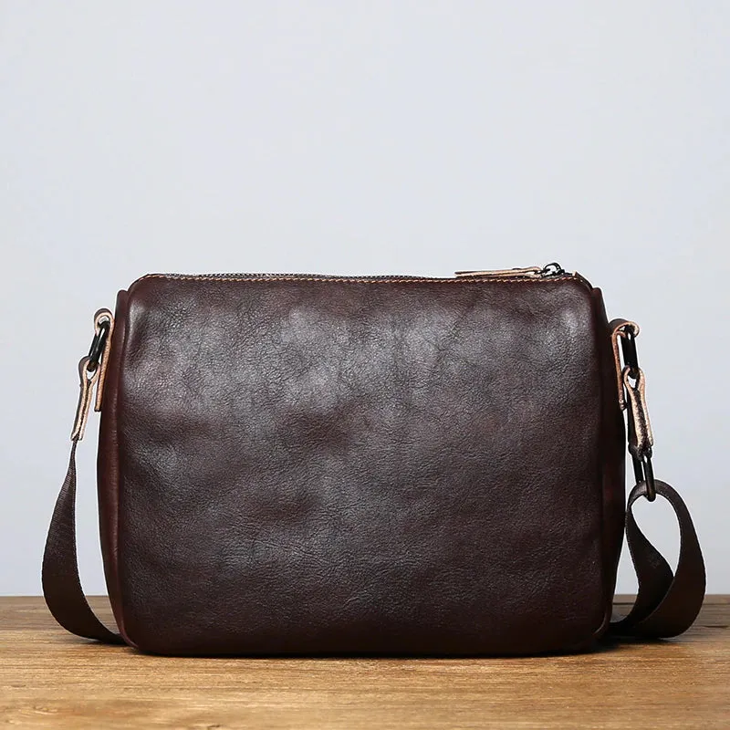 Vintage Vegetable Tanned Leather Zipper Shoulder Bag