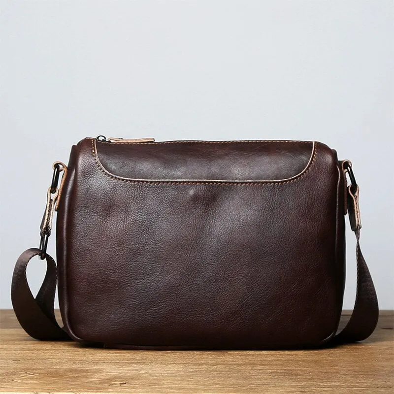 Vintage Vegetable Tanned Leather Zipper Shoulder Bag