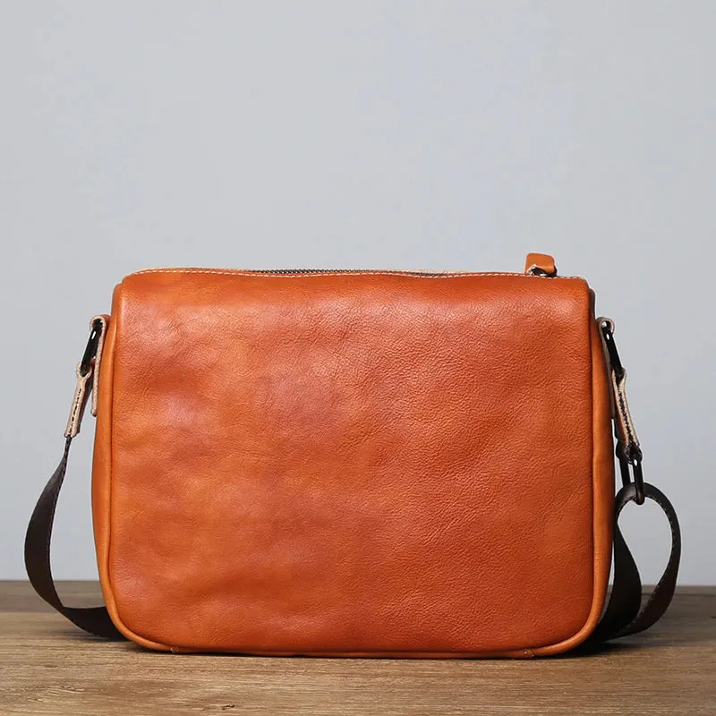 Vintage Vegetable Tanned Leather Zipper Shoulder Bag