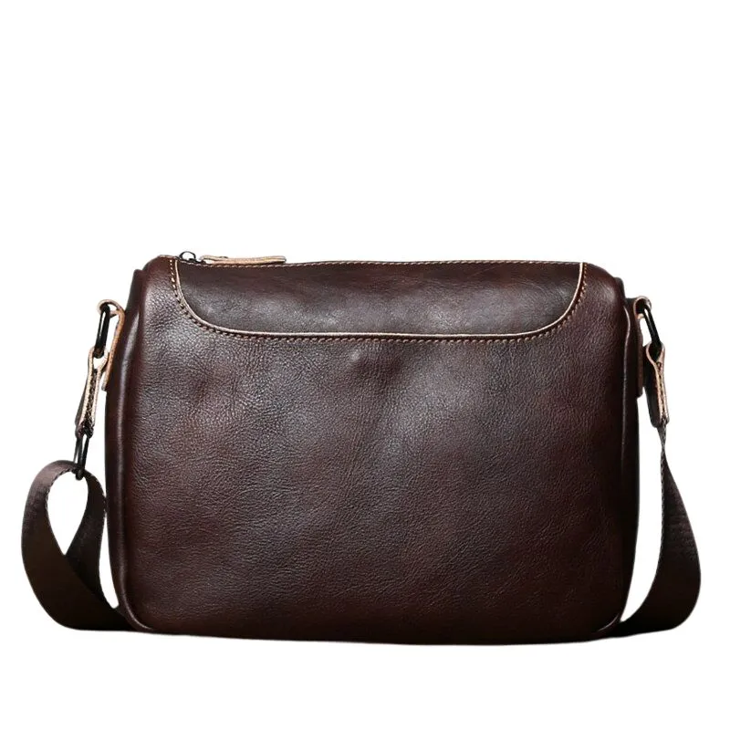 Vintage Vegetable Tanned Leather Zipper Shoulder Bag