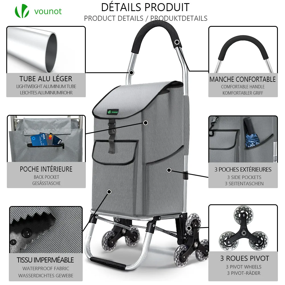 VOUNOT Folding Shopping Trolley on 6 Wheels, Aluminium Lightweight Shopping Cart, 55L Grey