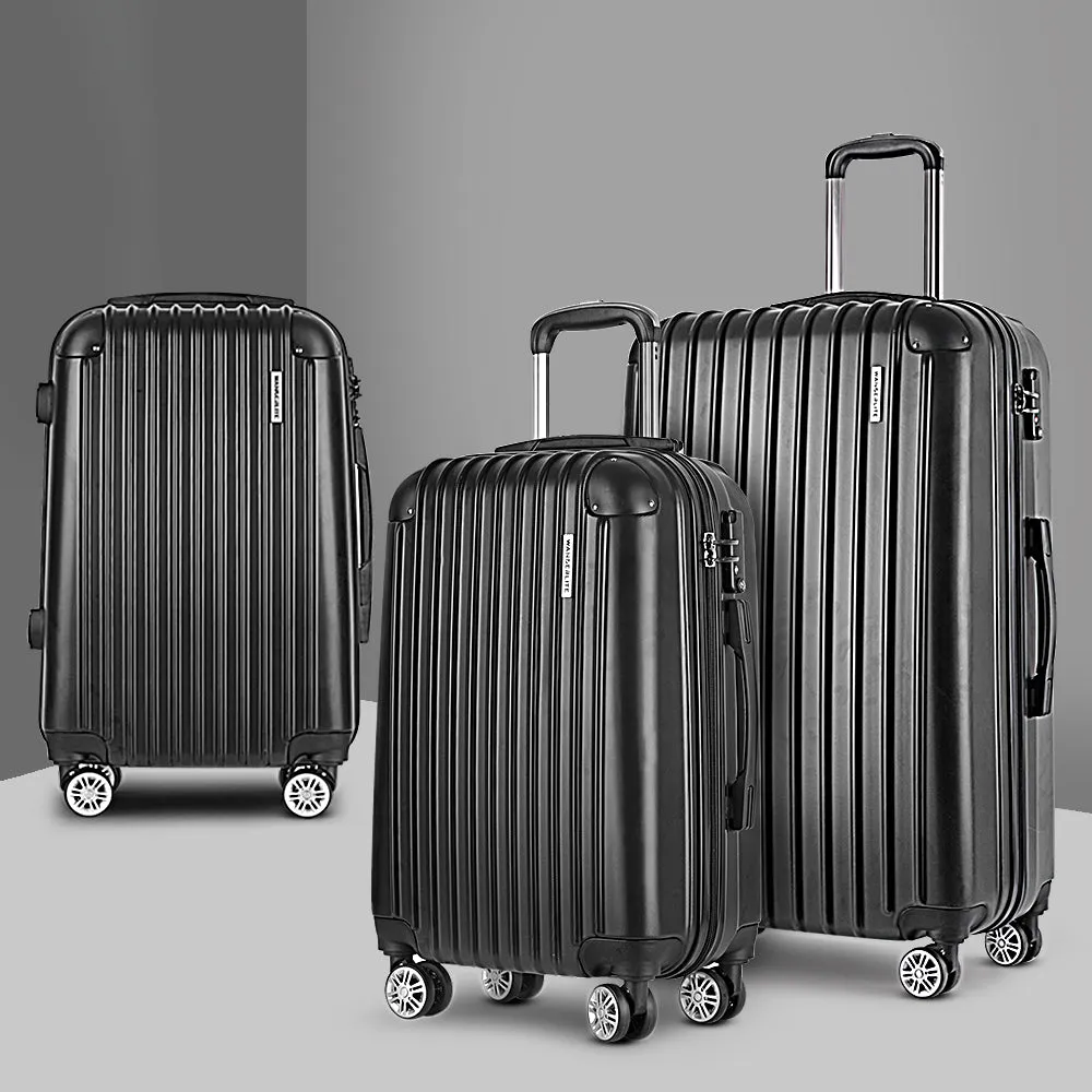 Wanderlite 3pcs LuggageTrolley Set Travel Suitcase Storage Organiser Carry On Hard Case TSA Lightweight Black