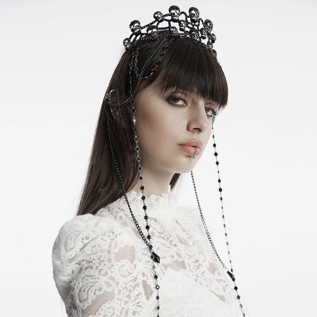 Women's Gothic Rhinestone Skull Crown with Beaded Chain