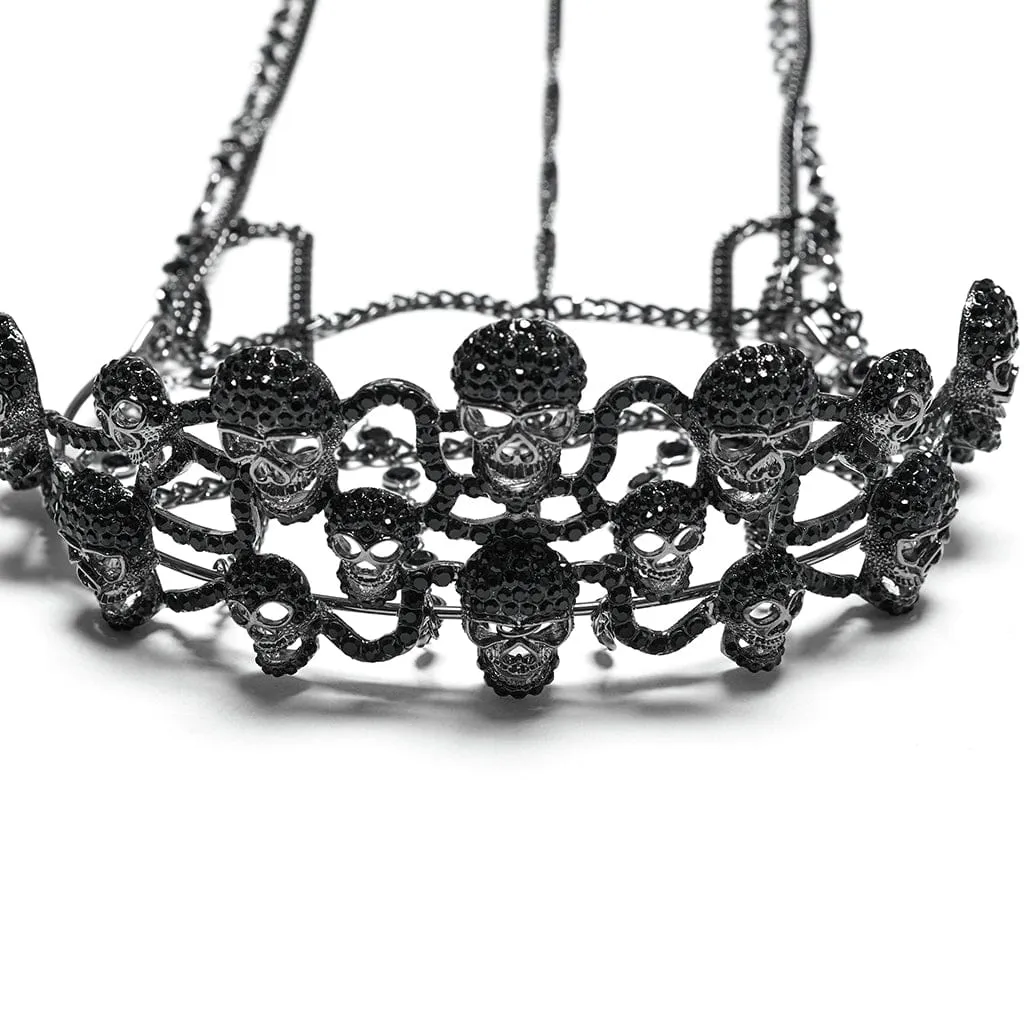 Women's Gothic Rhinestone Skull Crown with Beaded Chain