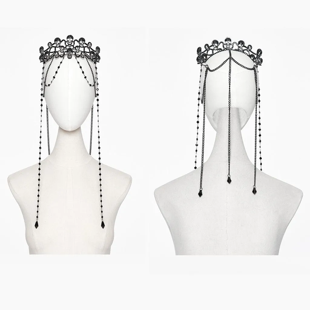 Women's Gothic Rhinestone Skull Crown with Beaded Chain