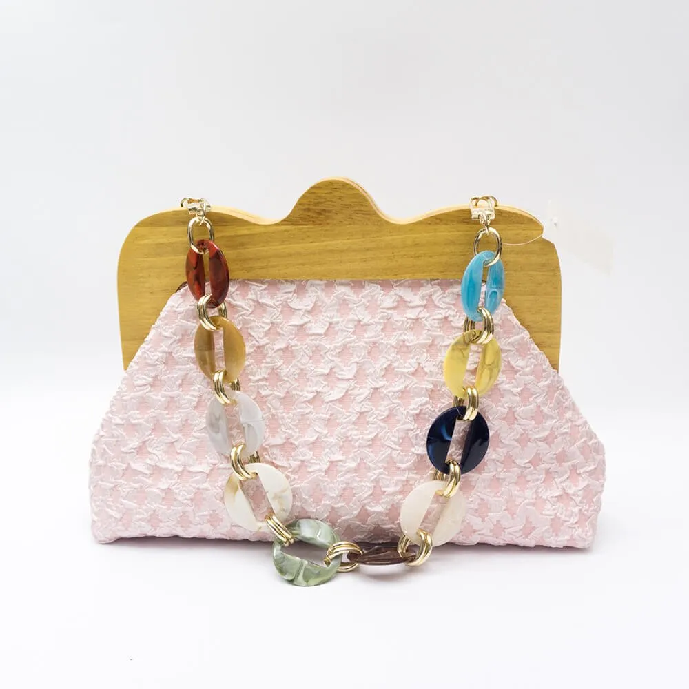 Wrinkle Leather Wooden Handle Clutch Crossbody Bag With Acrylic Bold Chains