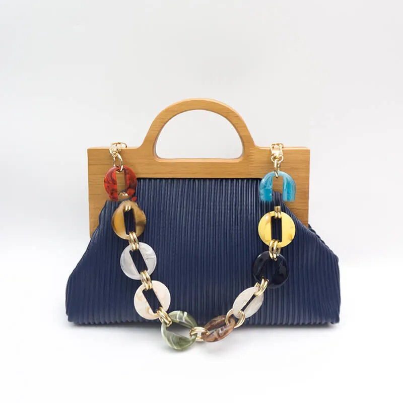 Wrinkle Leather Wooden Handle Clutch Crossbody Bag With Acrylic Bold Chains