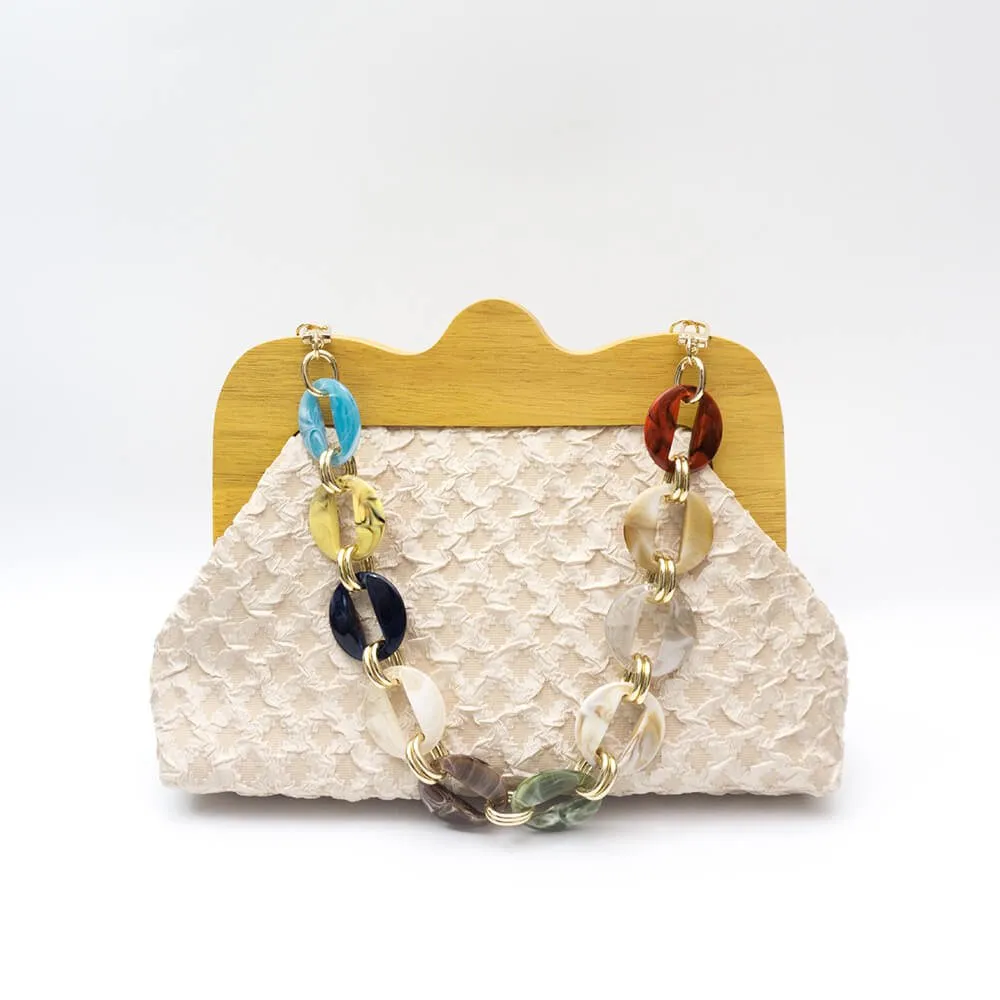 Wrinkle Leather Wooden Handle Clutch Crossbody Bag With Acrylic Bold Chains