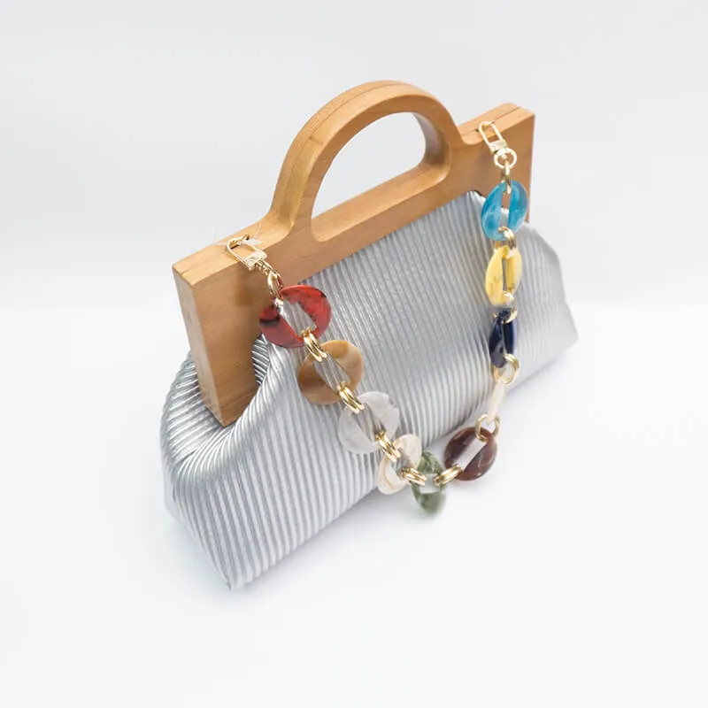 Wrinkle Leather Wooden Handle Clutch Crossbody Bag With Acrylic Bold Chains