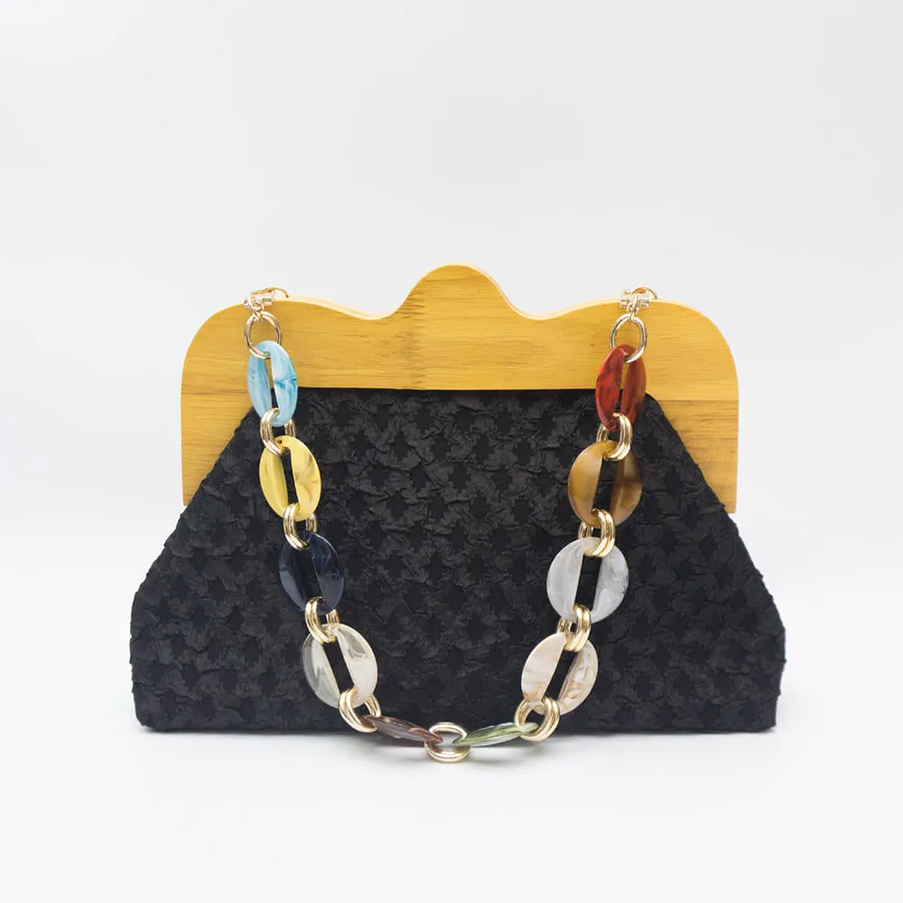 Wrinkle Leather Wooden Handle Clutch Crossbody Bag With Acrylic Bold Chains