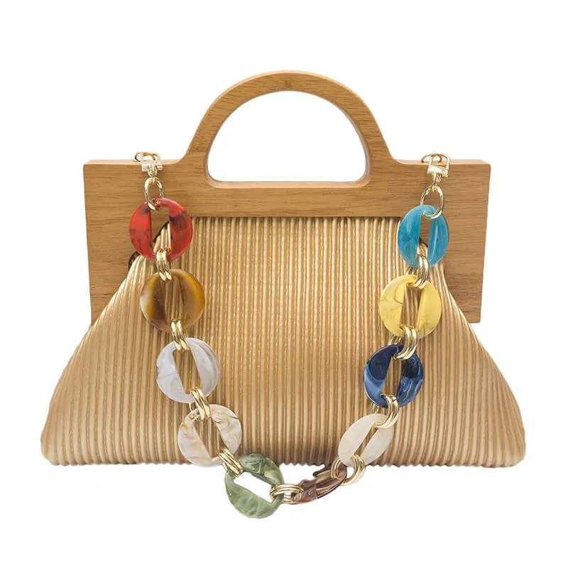 Wrinkle Leather Wooden Handle Clutch Crossbody Bag With Acrylic Bold Chains